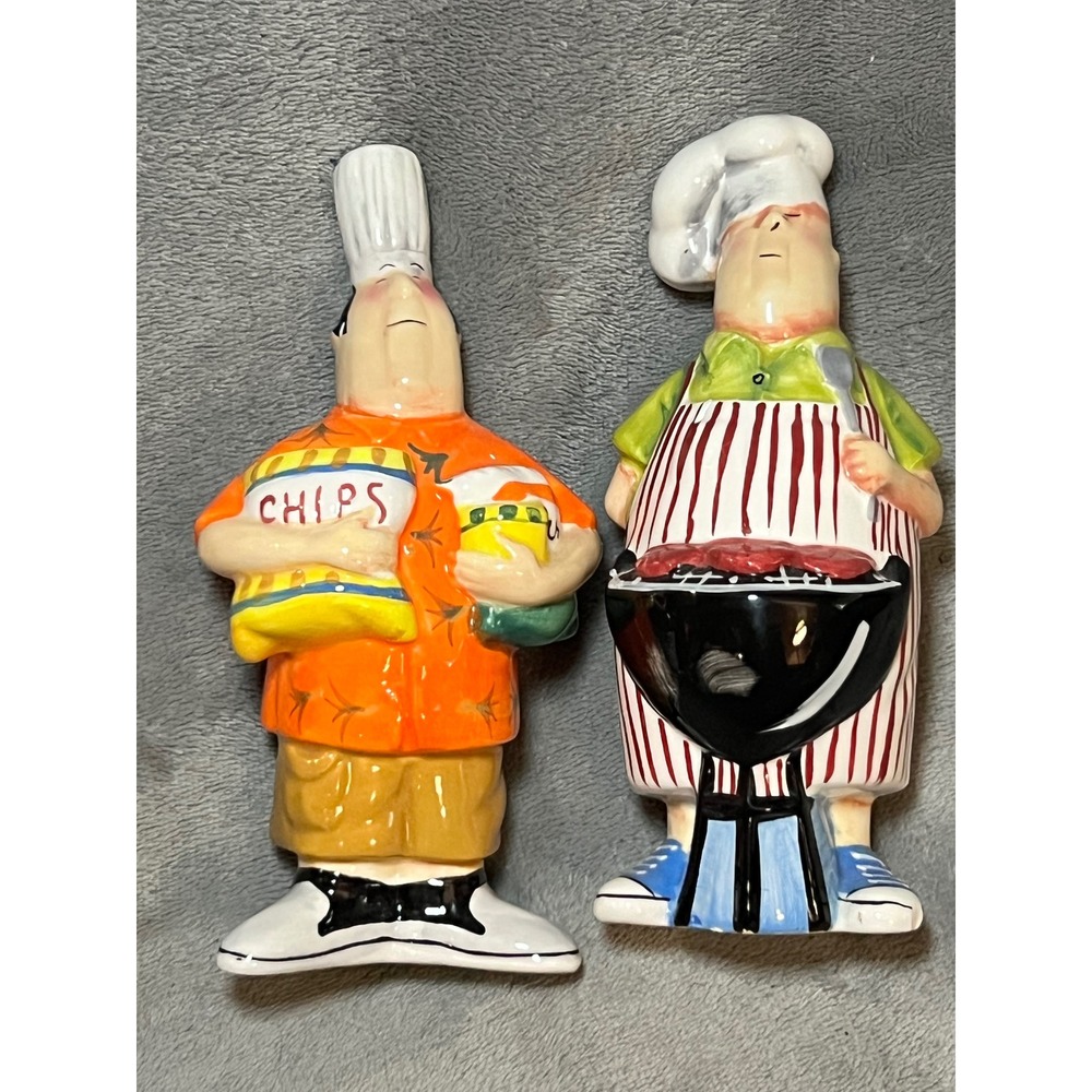Chef Salt Pepper Shakers Set Ceramic BBQ Chips Kitchen Decor Whimsical 6"